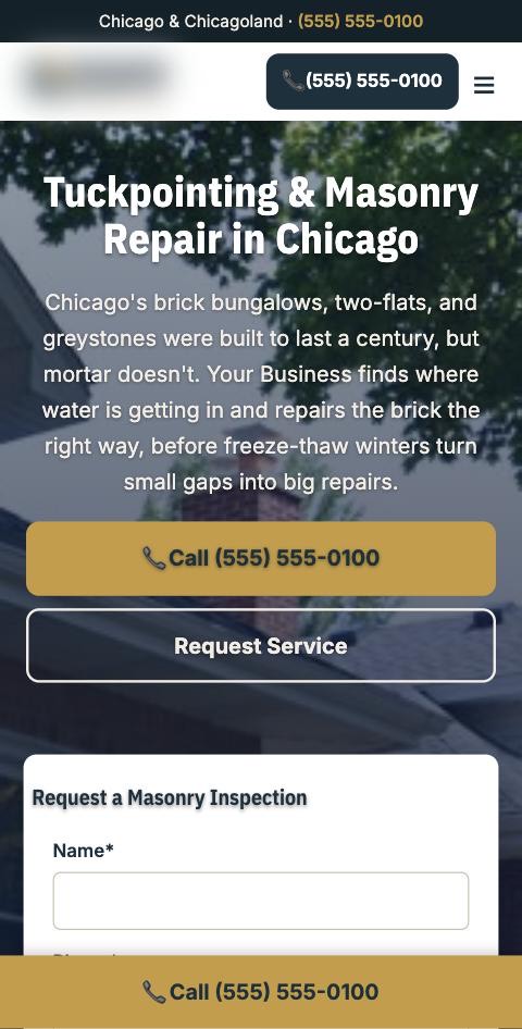 Tuckpointing and masonry website on a phone