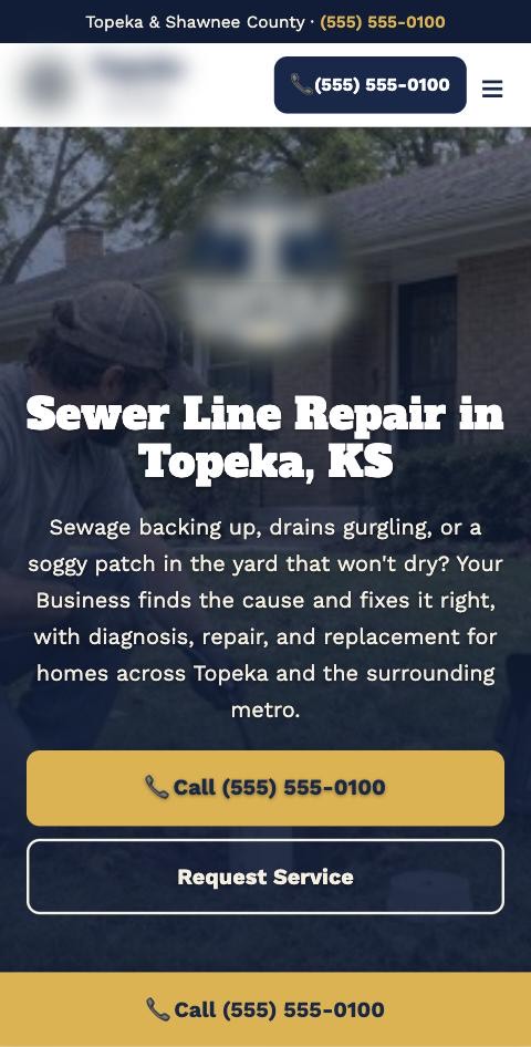 Sewer line repair website on a phone